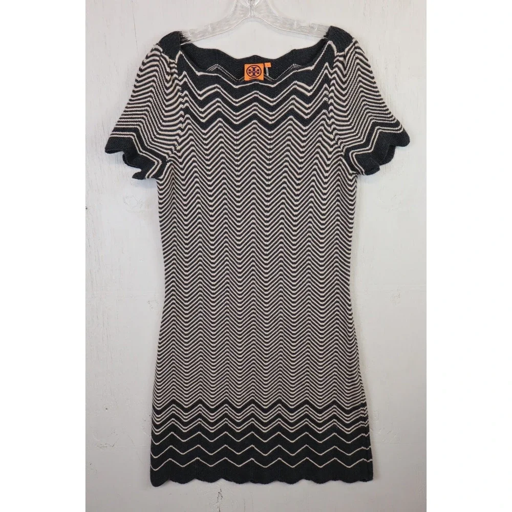 Tory Burch Kent Sweater Dress Chevron Knit Merino Wool Womens Size L Gray